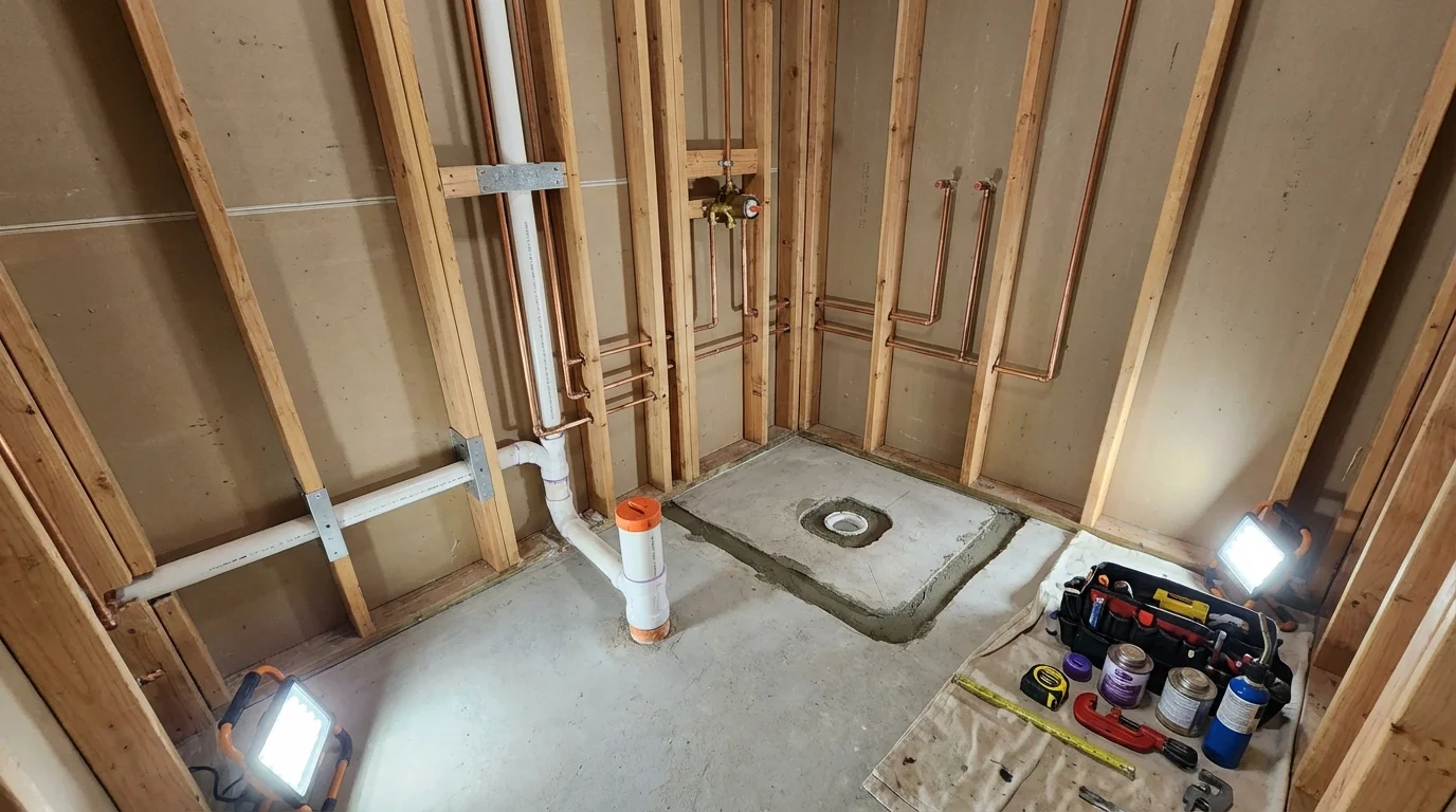 Bathroom rough-in plumbing during remodel by Johns Plumbing LLC in Hawley