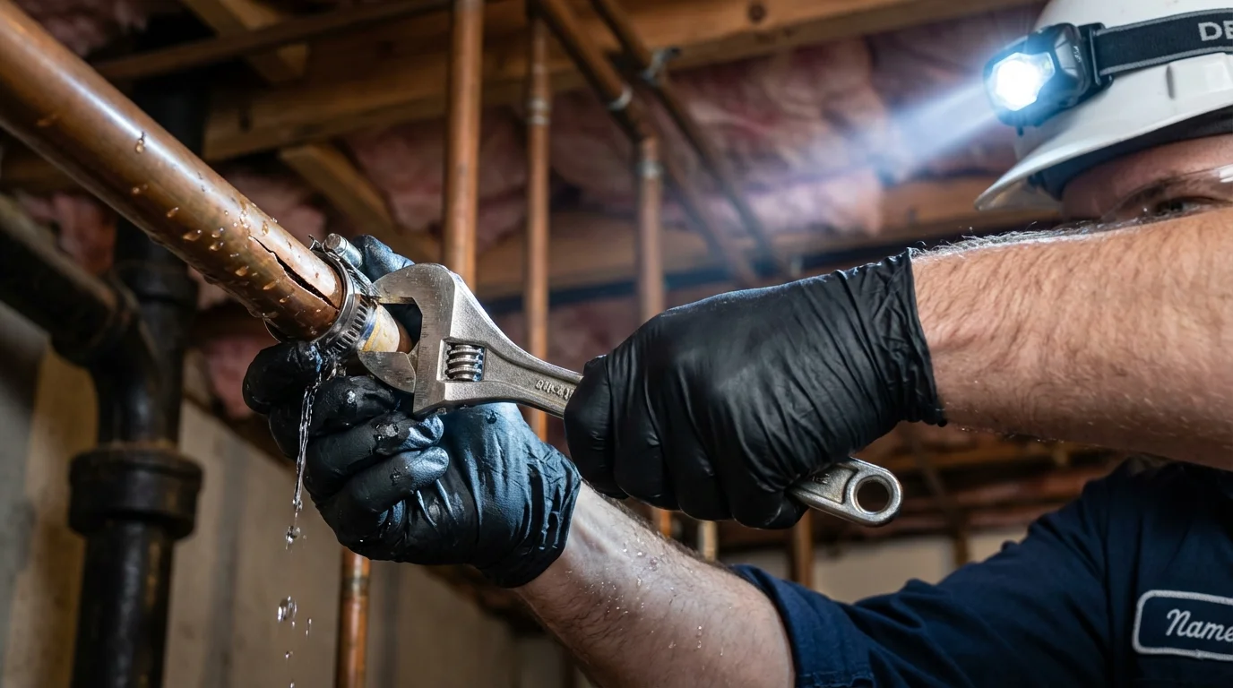 Emergency pipe clamp repair being performed by a Johns Plumbing LLC plumber in Hawley