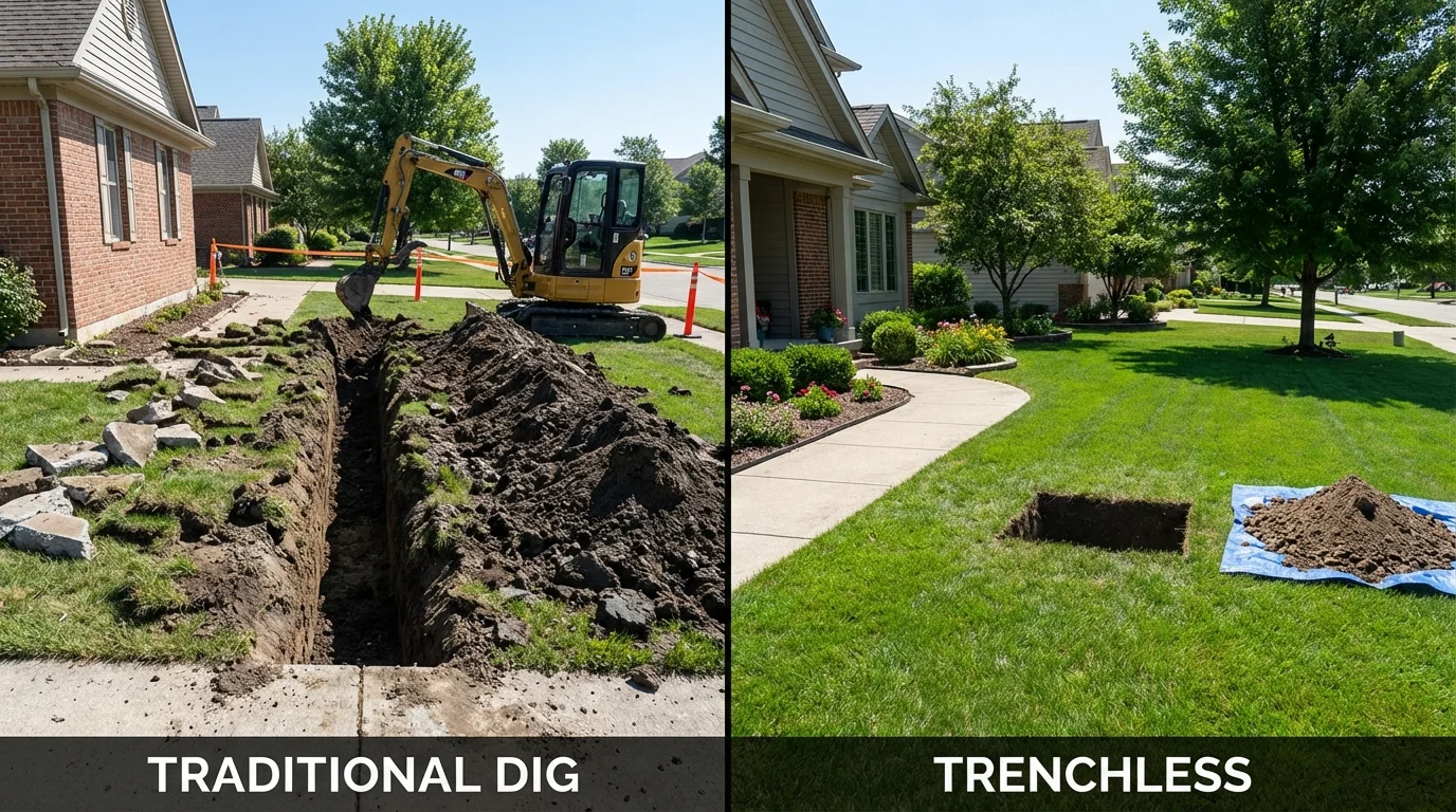 Trenchless sewer repair with minimal yard damage versus traditional excavation in Hawley, PA